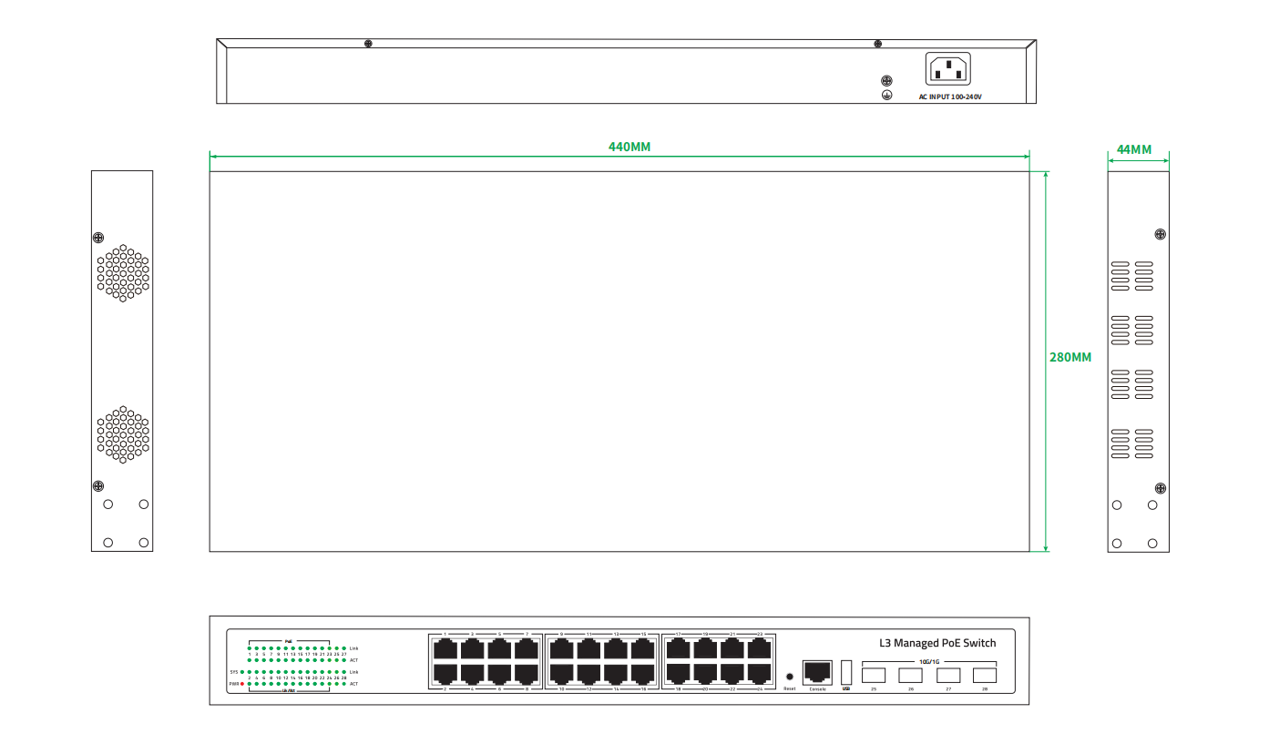 28 Port L3 Managed PoE Switch 10G Fiber Core Network 400W PoE Power Fanless