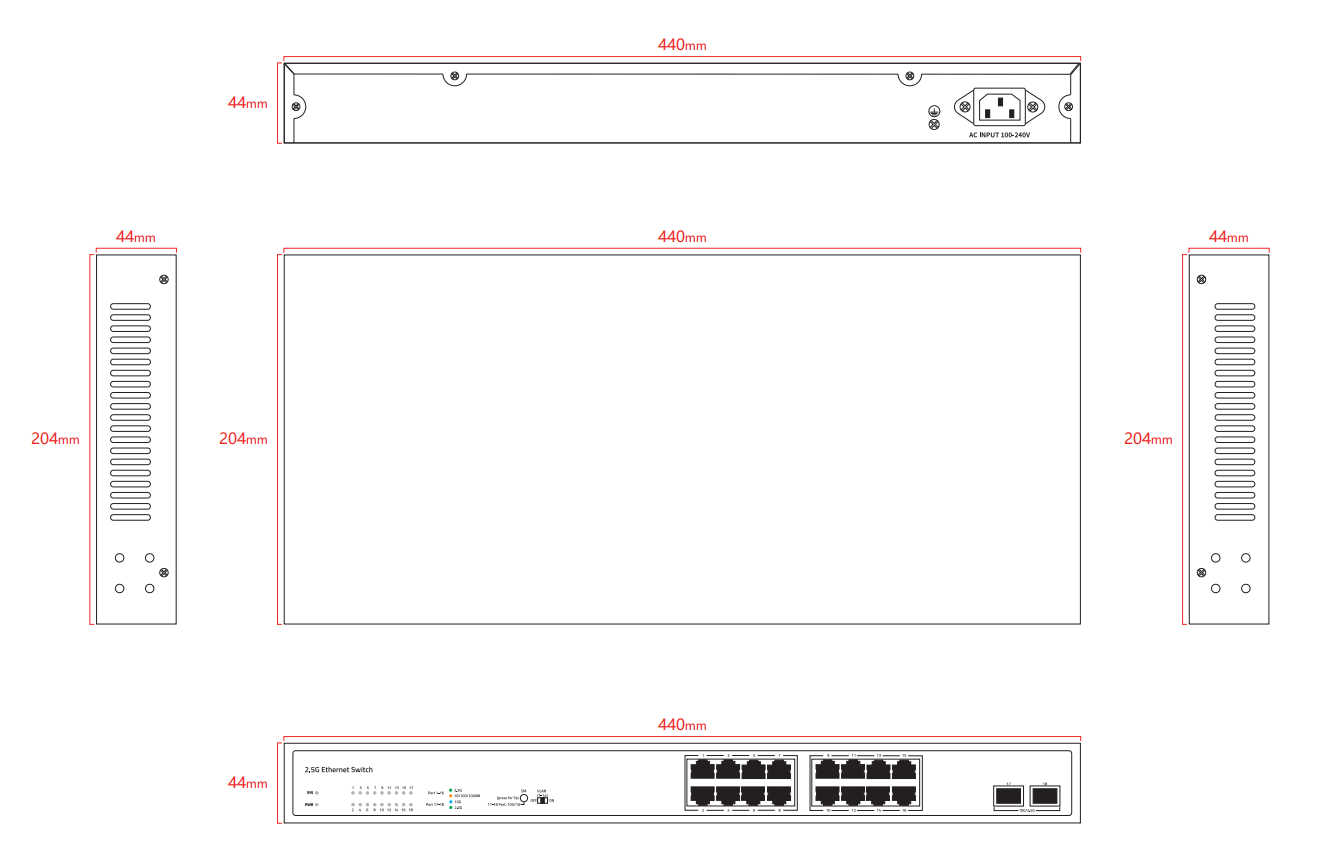18-Port 10G Uplink 2.5G Ethernet Switch Unmanaged Single AC Powered Fanless Rack Mounted