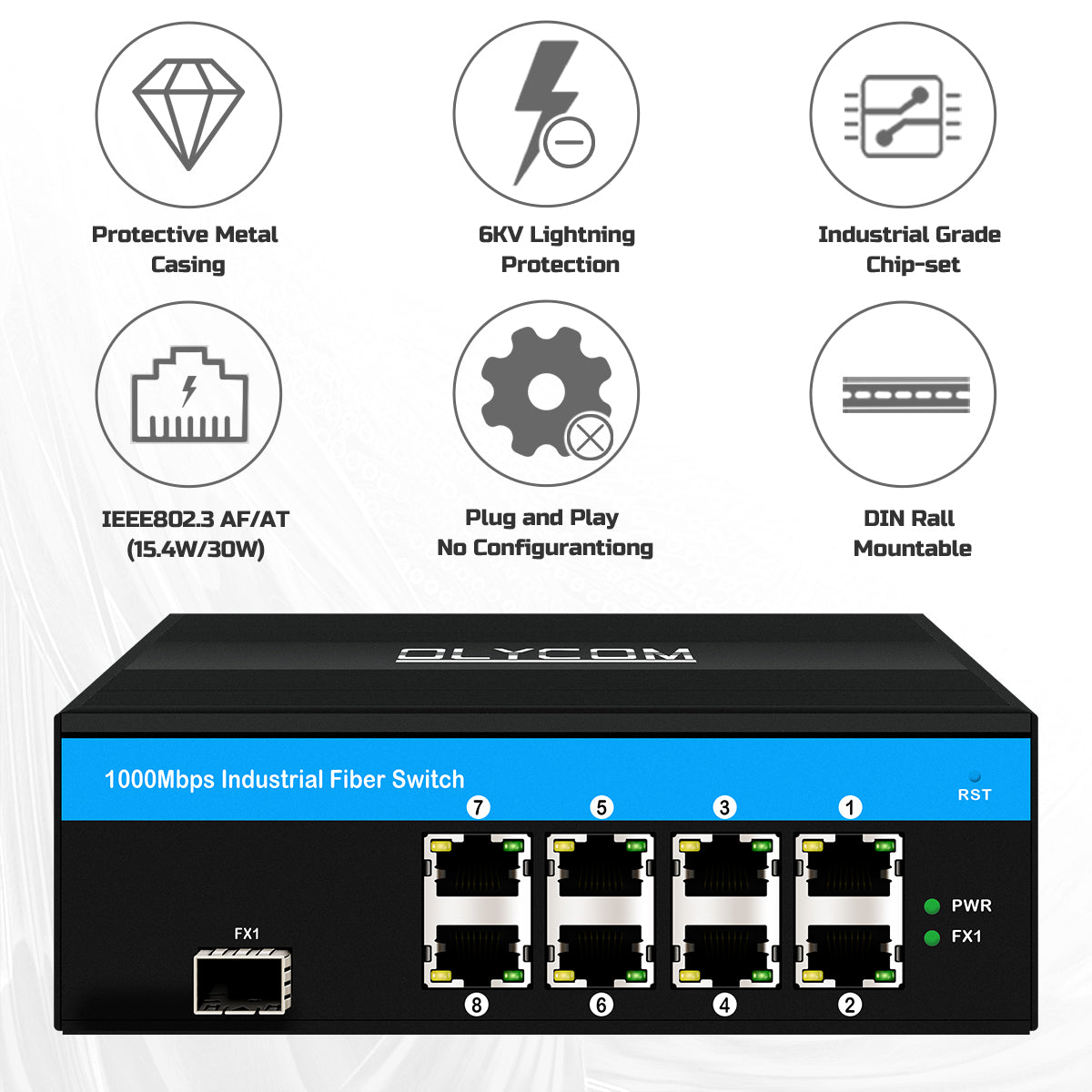 Industrial Grade Unmanaged 8 Port Gigabit Ethernet SFP Fiber Switch