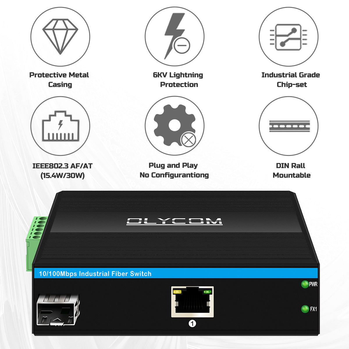10/100Mbps Industrial POE Fiber Converter ( 1 Fiber to 1 UTP )