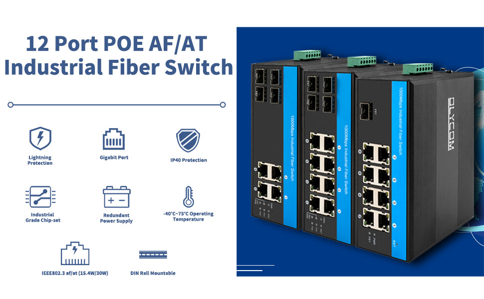 12 Port Rugged Ethernet Gigabit Fiber Optic Industrial PoE Switch