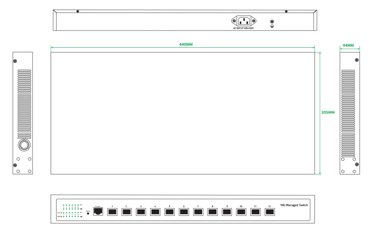 Olycom 12-Port 10G Layer 3 Managed Fiber Switch SFP+ Slots Single AC Powered Fanless