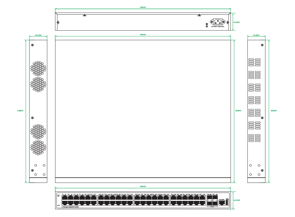 52-Port Gigabit Layer 3 Managed Ethernet Switch 10G Uplink Single AC Powered Fanless