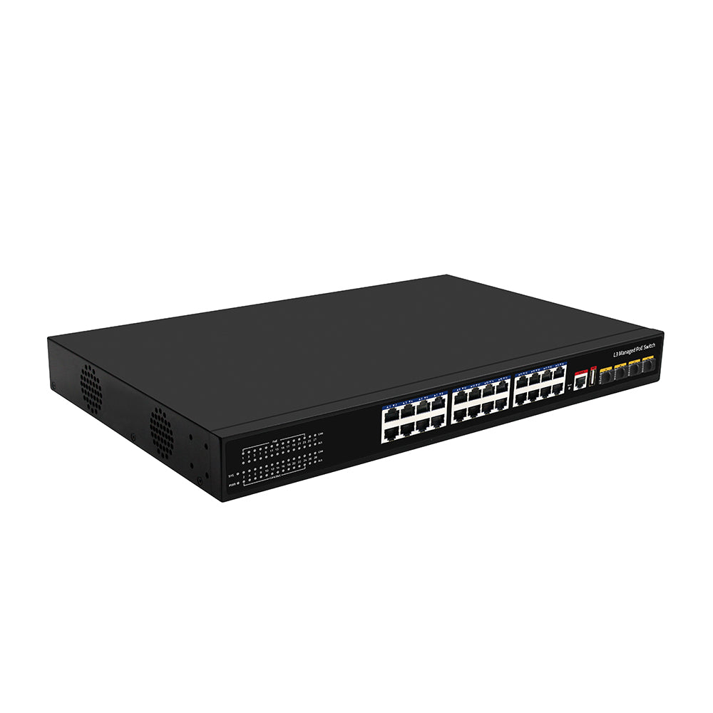 28 Port L3 Managed PoE Switch 10G Fiber Core Network 400W PoE Power Fanless