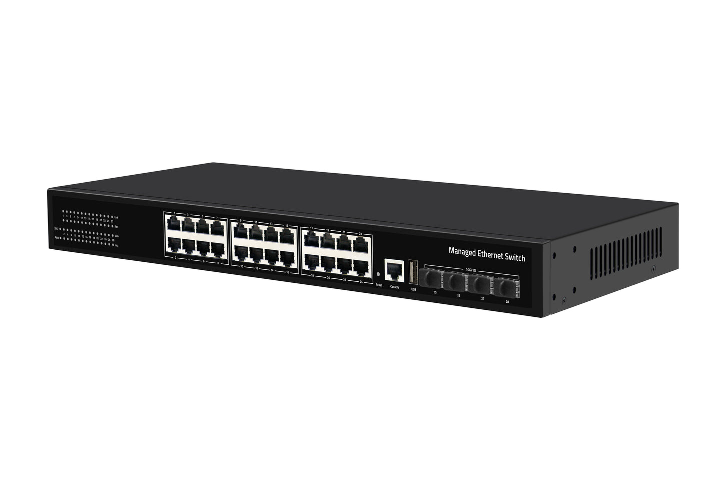 24-Port Gigabit Managed Ethernet Switch 10G SFP+ Uplink AC Powered CE Fanless