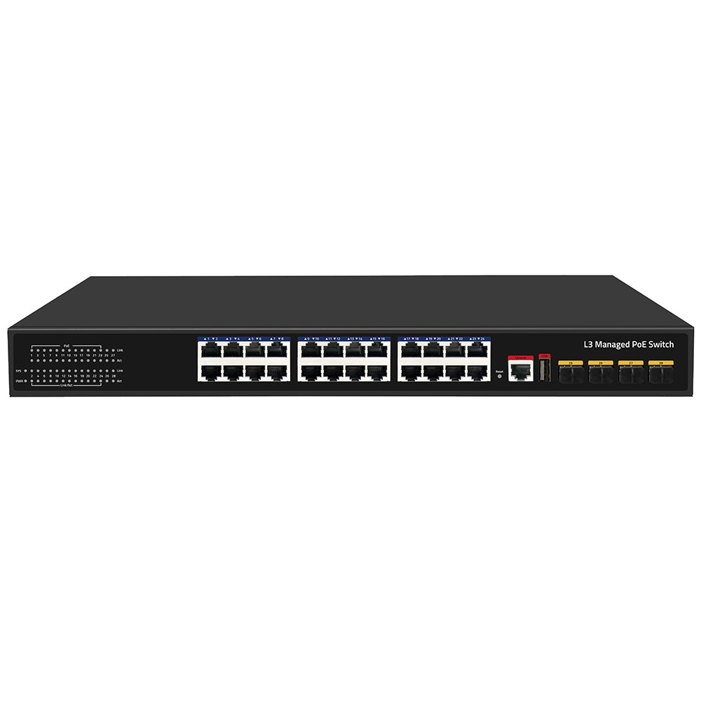 28 Port L3 Managed PoE Switch 10G Fiber Core Network 400W PoE Power Fanless