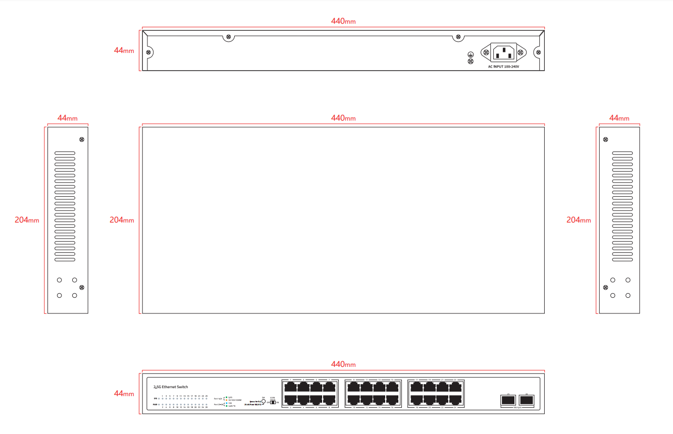 24 Port 2.5G Ethernet Switch 10G Fiber Uplinks Unmanaged Multi-Gigabit Aggregation Switch