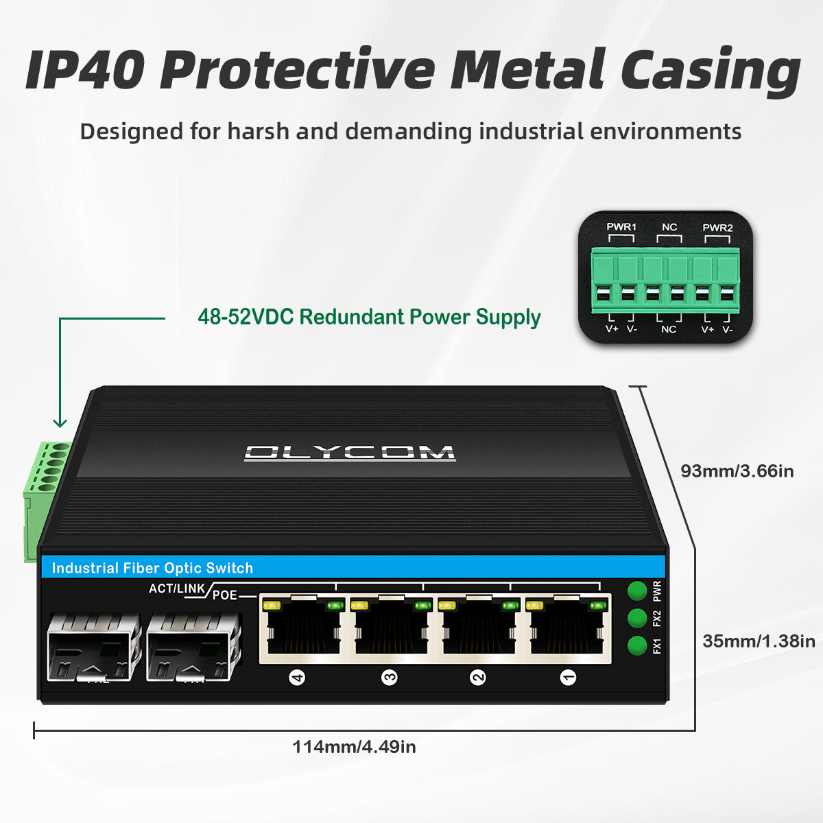 Olycom Fast Ethernet DIN Rail 100M Fiber 4 Port PoE Switch