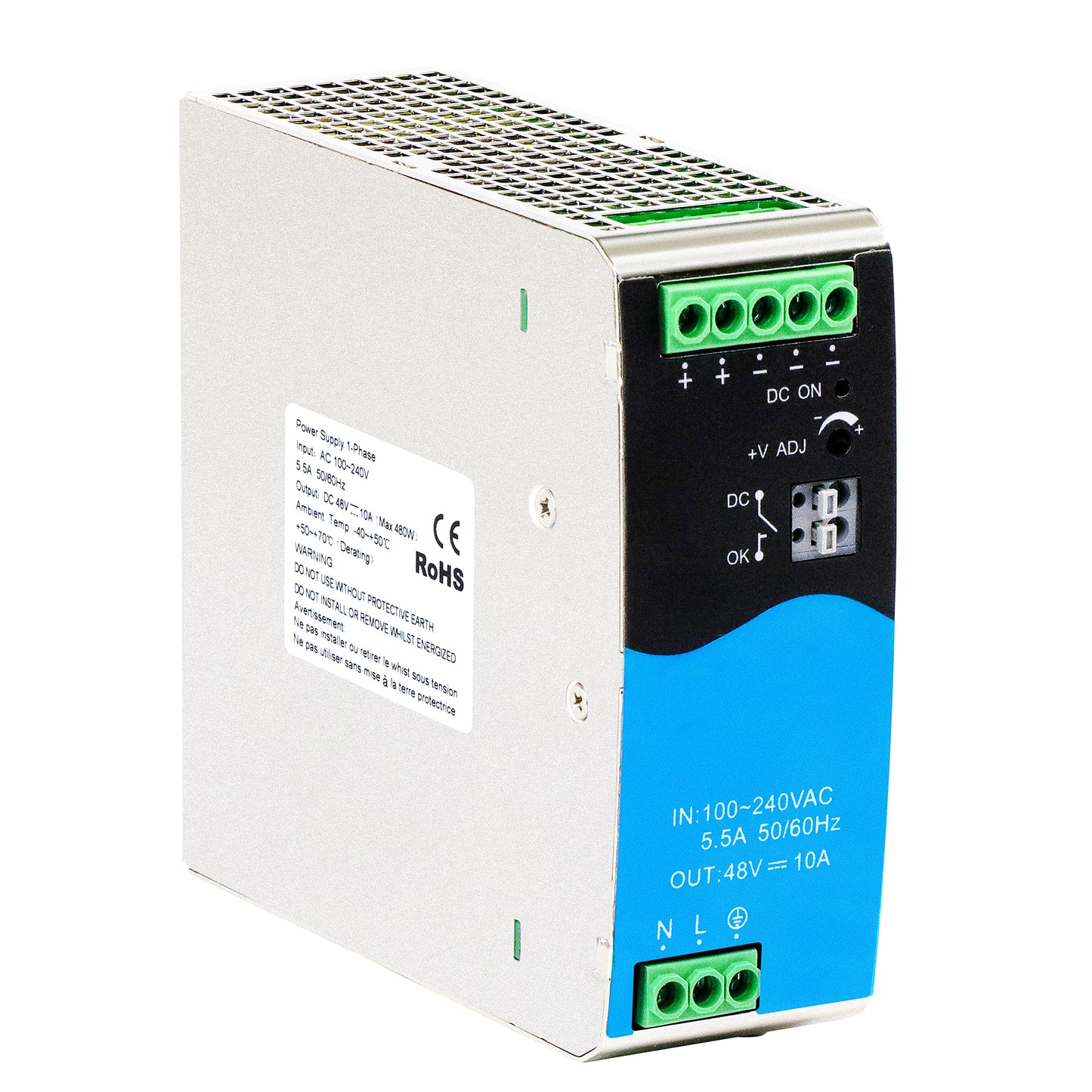 480W DIN Rail Industrial Power Supply AC220V to DC48V 10A CE & UL Certified
