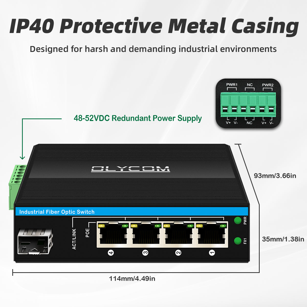 5-Port DIN Rail 100M 1G Fiber Ethernet Rugged PoE Switch