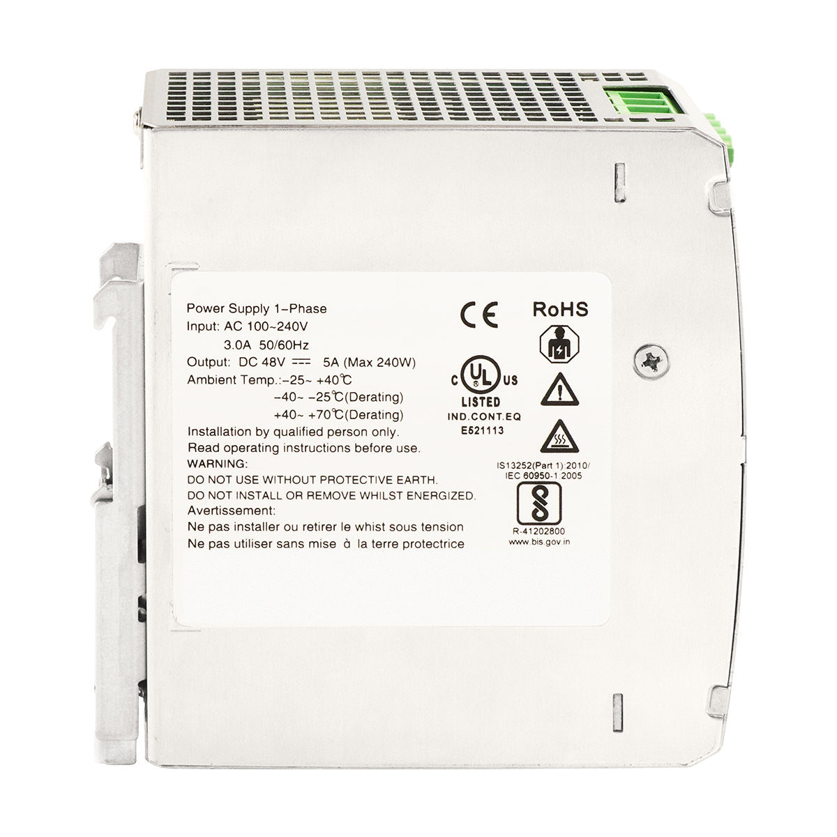 240W DIN Rail Power Supply UL Listed DC48V 5A Industrial Power Adapter Single Output -40° – 70°C