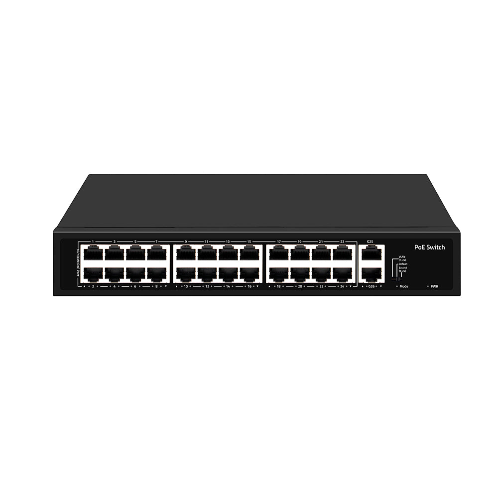 24 Port PoE Switch 10/100Mbps Gigabit Copper Uplink Rackmount 280W PoE Budget Fanless