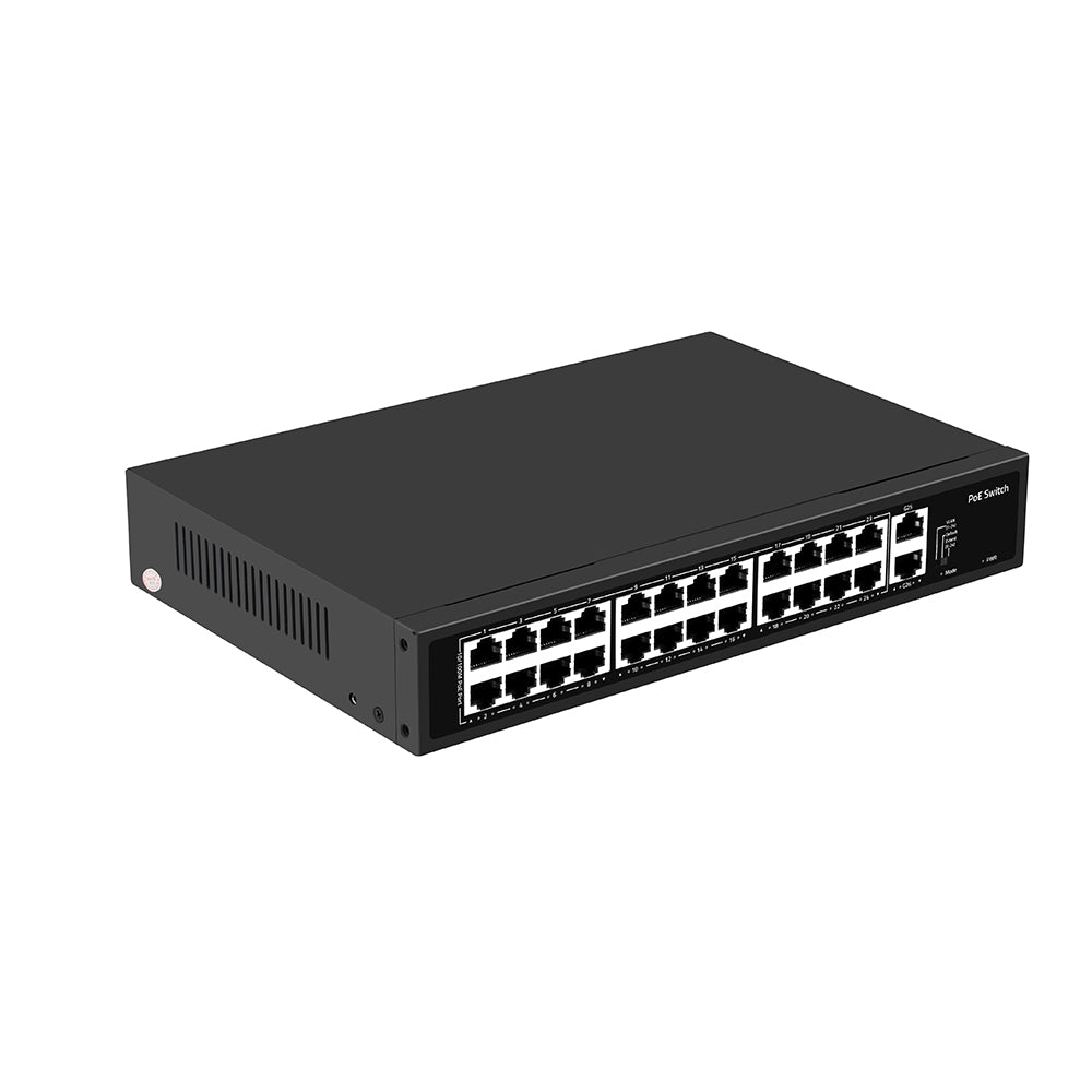 24 Port PoE Switch 10/100Mbps Gigabit Copper Uplink Rackmount 280W PoE Budget Fanless