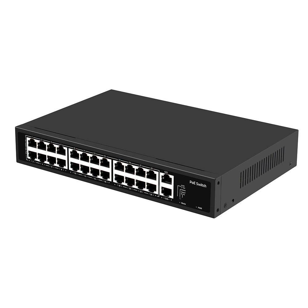 24 Port PoE Switch 10/100Mbps Gigabit Copper Uplink Rackmount 280W PoE Budget Fanless