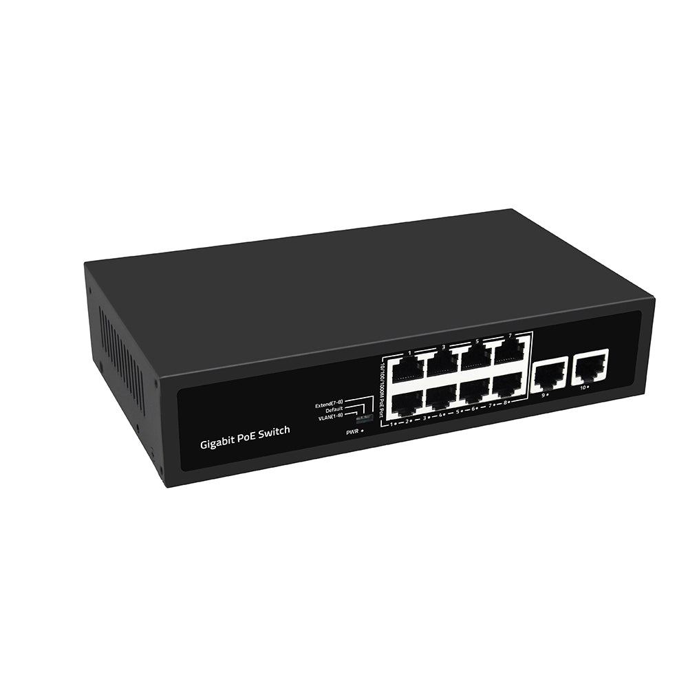 10-Port PoE Switch Full Gigabit Ethernet Single AC Powered Rack Mounted CE