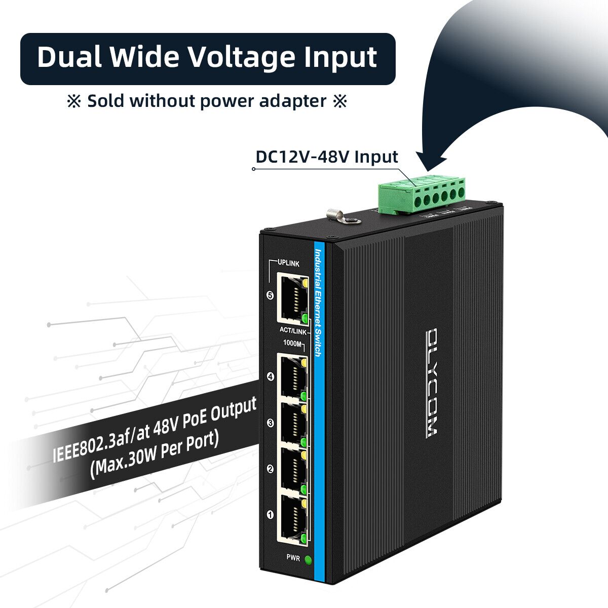 Outdoor PoE Switch 5 Port Gigabit Ethernet Switch with DC12V-48V Voltage Input