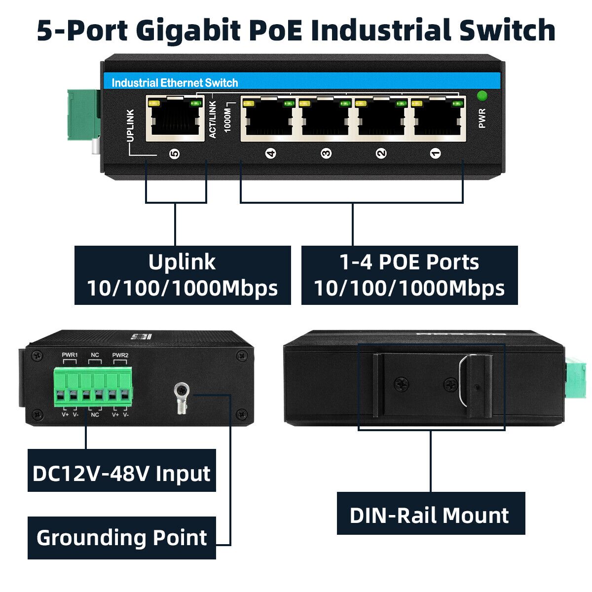 Outdoor PoE Switch 5 Port Gigabit Ethernet Switch with DC12V-48V Voltage Input