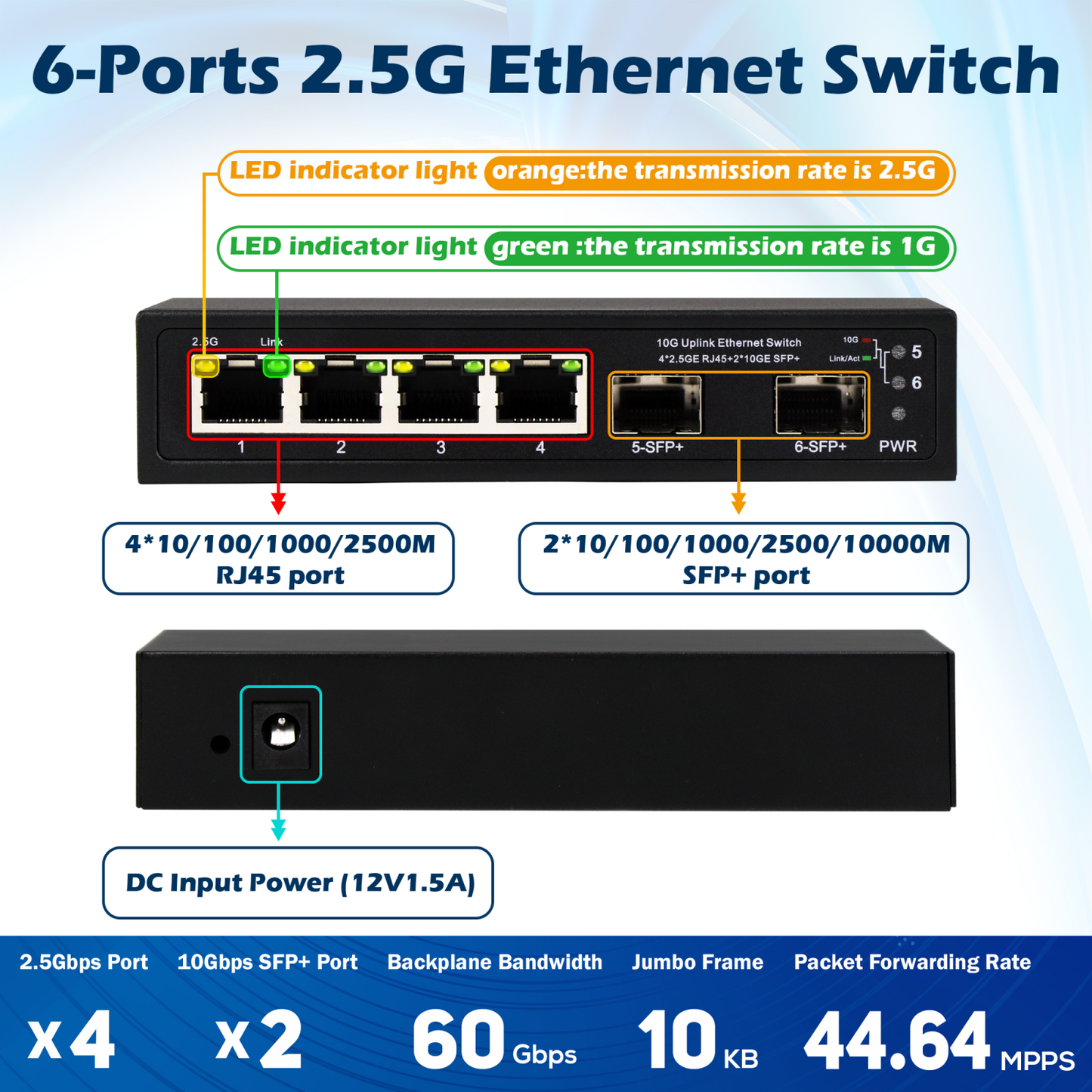 6 Port 2.5G Network Switch with 10G Fiber Uplinks Unmanaged 100M/1G auto-sensing Ethernet Speed