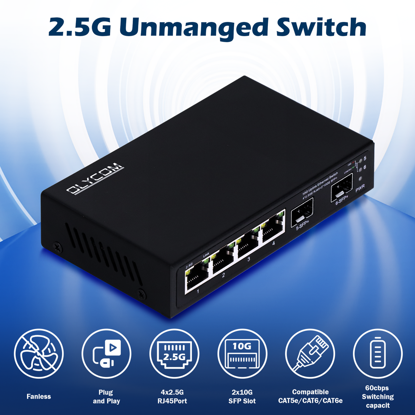 6 Port 2.5G Network Switch with 10G Fiber Uplinks Unmanaged 100M/1G auto-sensing Ethernet Speed