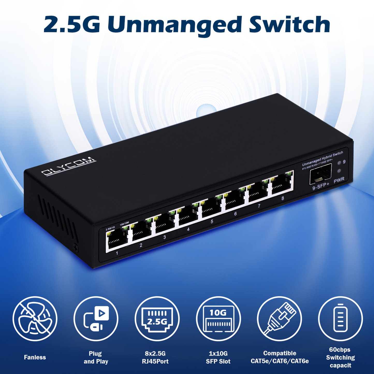 8-Port 2.5G Desktop Switch Multi-Gigabit Unmanaged Network with 1G/2.5G/10G Fiber Slots