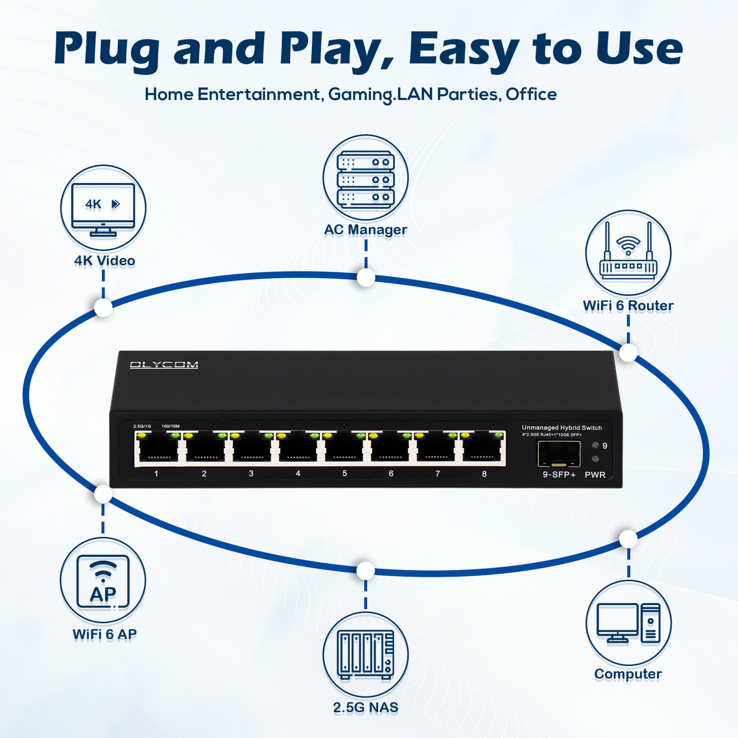 8-Port 2.5G Desktop Switch Multi-Gigabit Unmanaged Network with 1G/2.5G/10G Fiber Slots