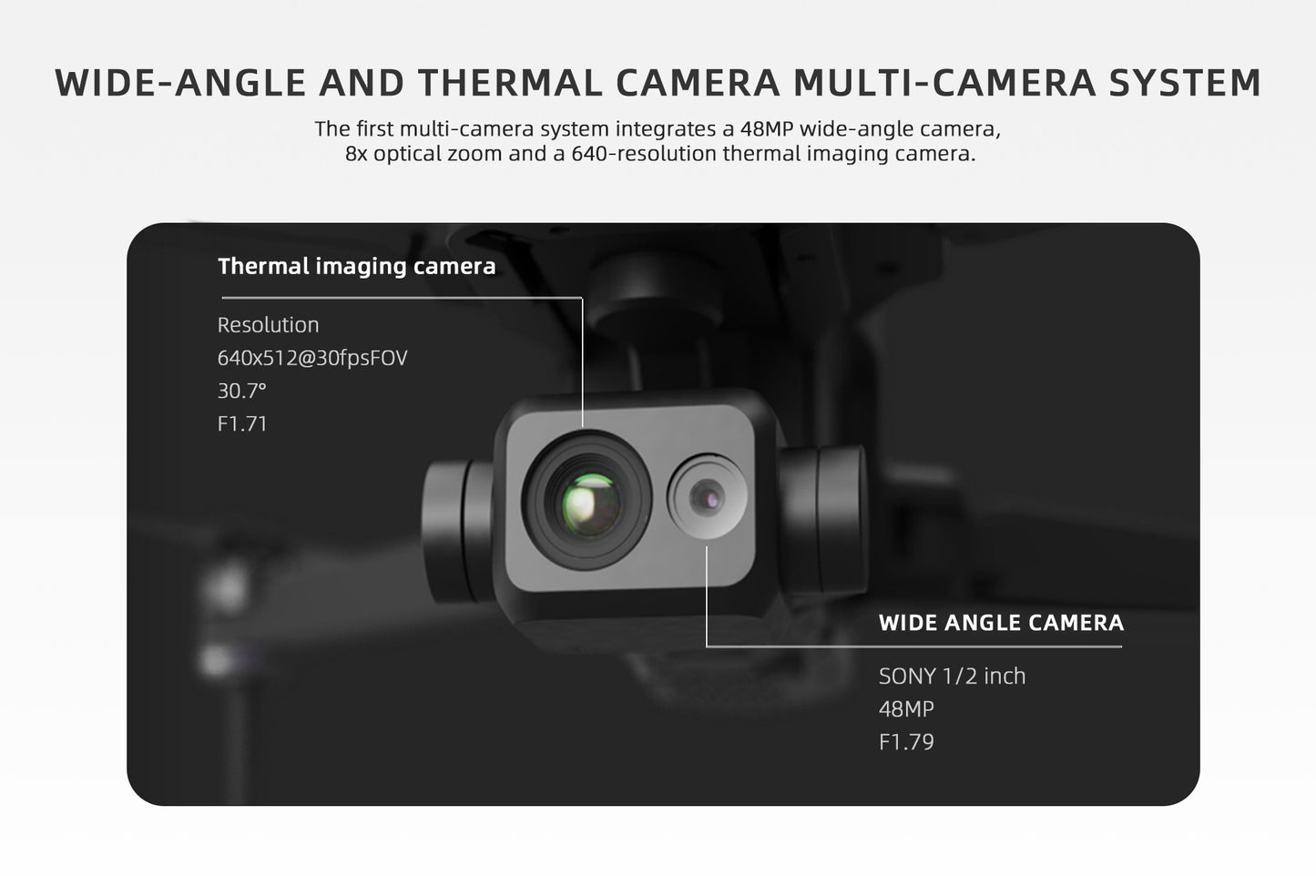Visiable/ Zoom/ Thermal/ L-aser 4 Cameras in One, 4K Camera, 8x Digital Zoom, 1-160x Super Zoom, 640×512 Thermal Resolution, 30fps, 1/2" 48MP Sensor for 20KM Transmission