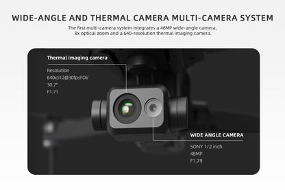 Visiable/ Zoom/ Thermal/ L-aser 4 Cameras in One, 4K Camera, 8x Digital Zoom, 1-160x Super Zoom, 640×512 Thermal Resolution, 30fps, 1/2" 48MP Sensor for 20KM Transmission