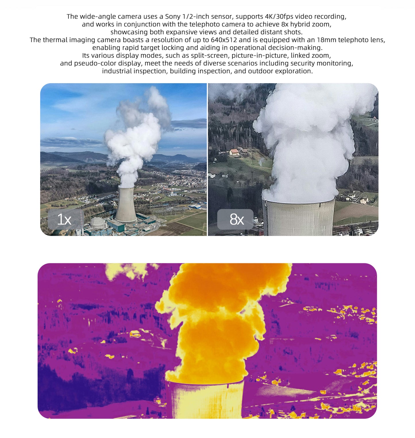 Visiable/ Zoom/ Thermal/ L-aser 4 Cameras in One, 4K Camera, 8x Digital Zoom, 1-160x Super Zoom, 640×512 Thermal Resolution, 30fps, 1/2" 48MP Sensor for 20KM Transmission