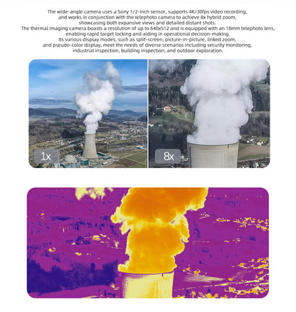 Visiable/ Zoom/ Thermal/ L-aser 4 Cameras in One, 4K Camera, 8x Digital Zoom, 1-160x Super Zoom, 640×512 Thermal Resolution, 30fps, 1/2" 48MP Sensor for 20KM Transmission