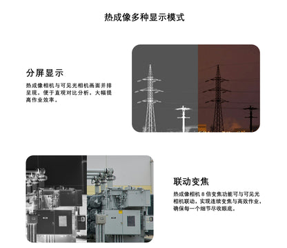 Visiable/ Zoom/ Thermal/ L-aser 4 Cameras in One, 4K Camera, 8x Digital Zoom, 1-160x Super Zoom, 640×512 Thermal Resolution, 30fps, 1/2" 48MP Sensor for 20KM Transmission