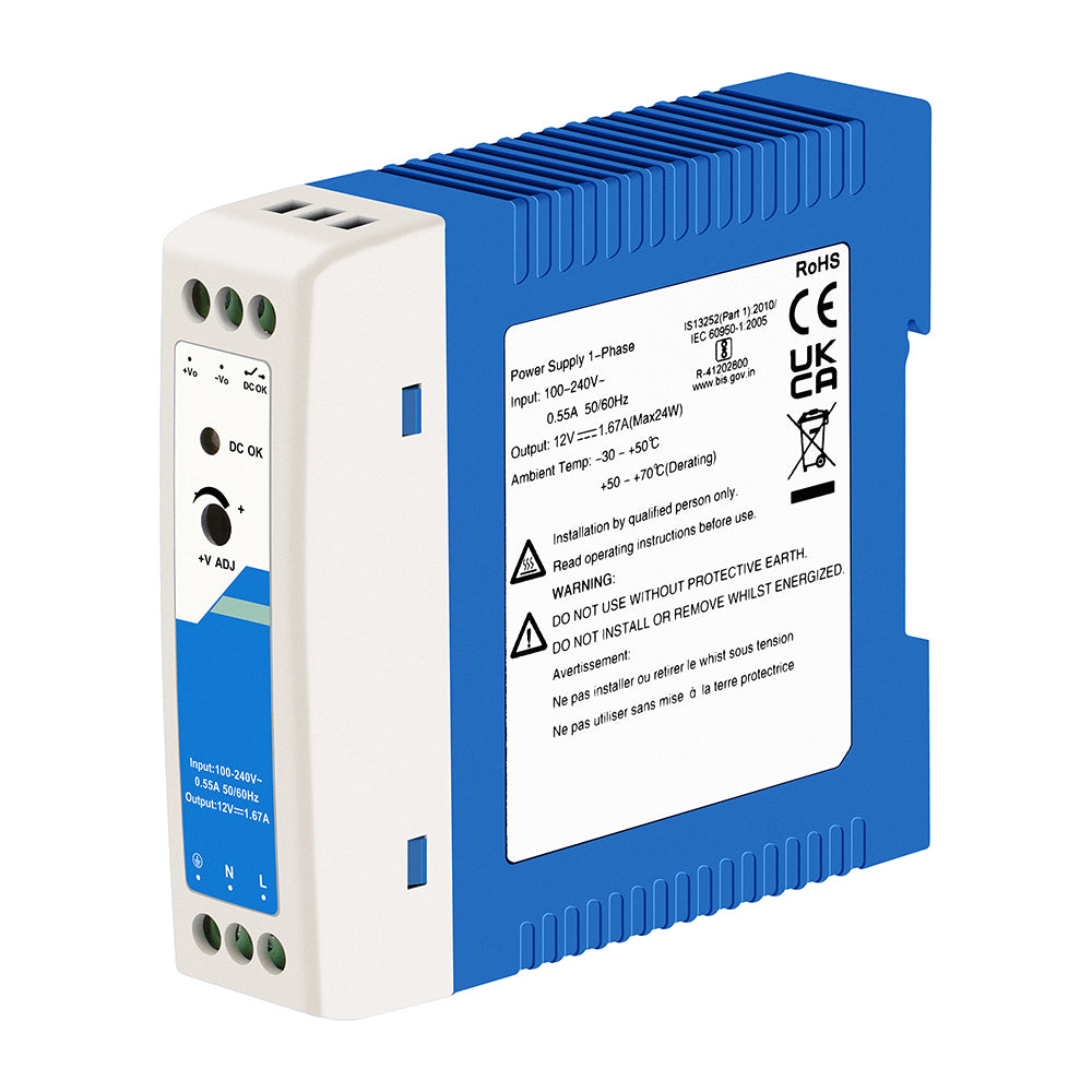 Olycom 12V DIN Rail Power Adapter Industrial grade CE UL Certified Plastic Case