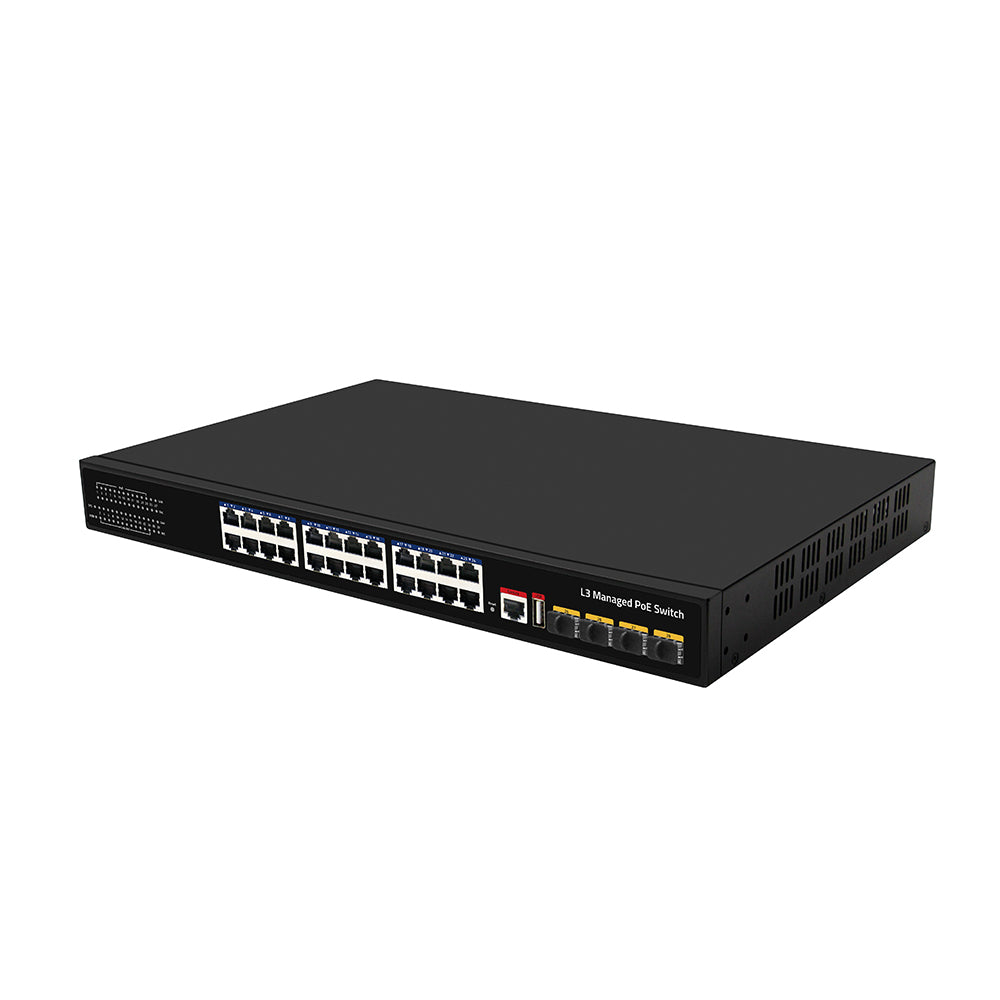 28 Port L3 Managed PoE Switch 10G Fiber Core Network 400W PoE Power Fanless