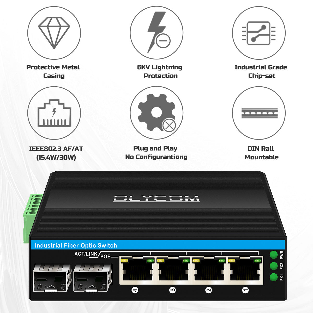 10/100/1000Mbps Industrial Fiber Switch ( 2 Fiber to 4 UTP)