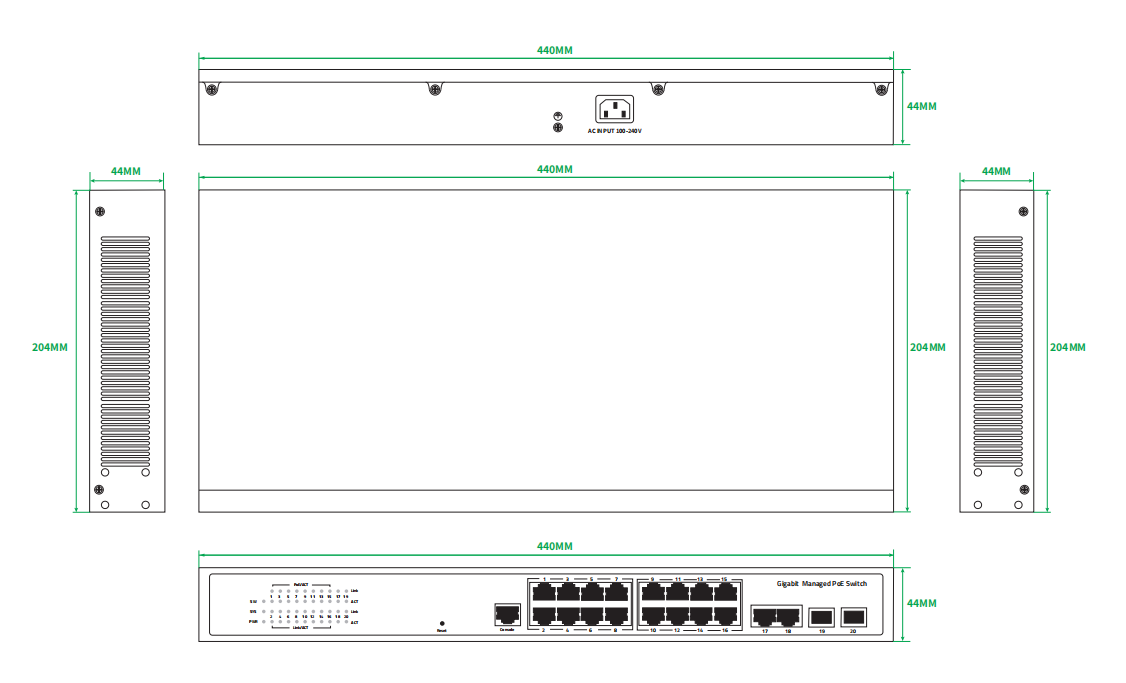 16 Port Managed PoE Switch Gigabit Fiber L2/L3 Manageable 300W PoE AC Powered