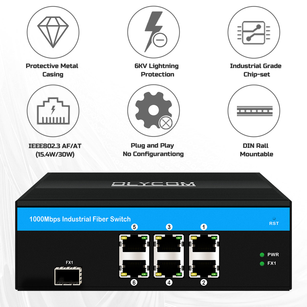 10/100/1000Mbps Industrial Fiber Switch (1 Fiber to 6 UTP )