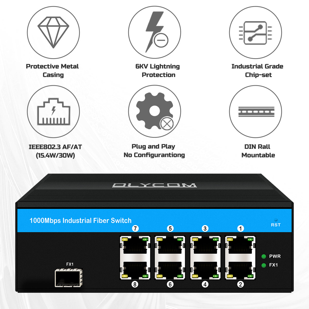 10/100/1000Mbps Industrial Fiber Switch (1 Fiber to 8 UTP )