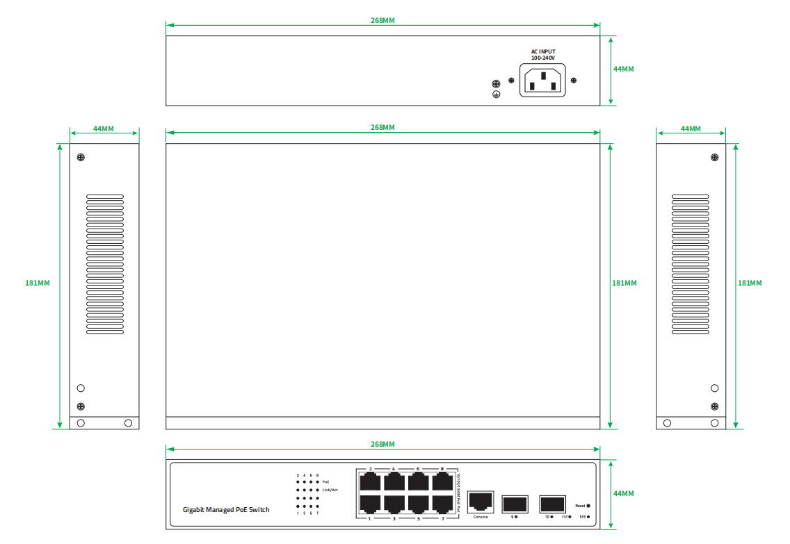 10-Port Full Gigabit Managed PoE Switch 120W 1G SFP Fiber Rack Mounted CE