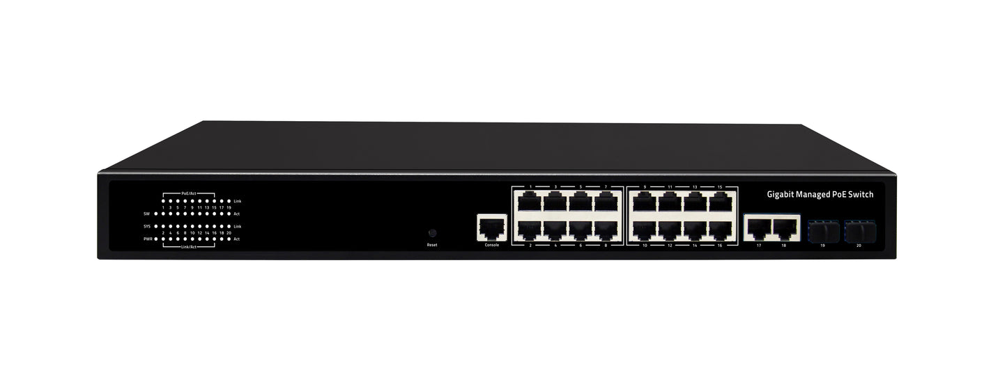 16 Port Managed PoE Switch Gigabit Fiber L2/L3 Manageable 300W PoE AC Powered