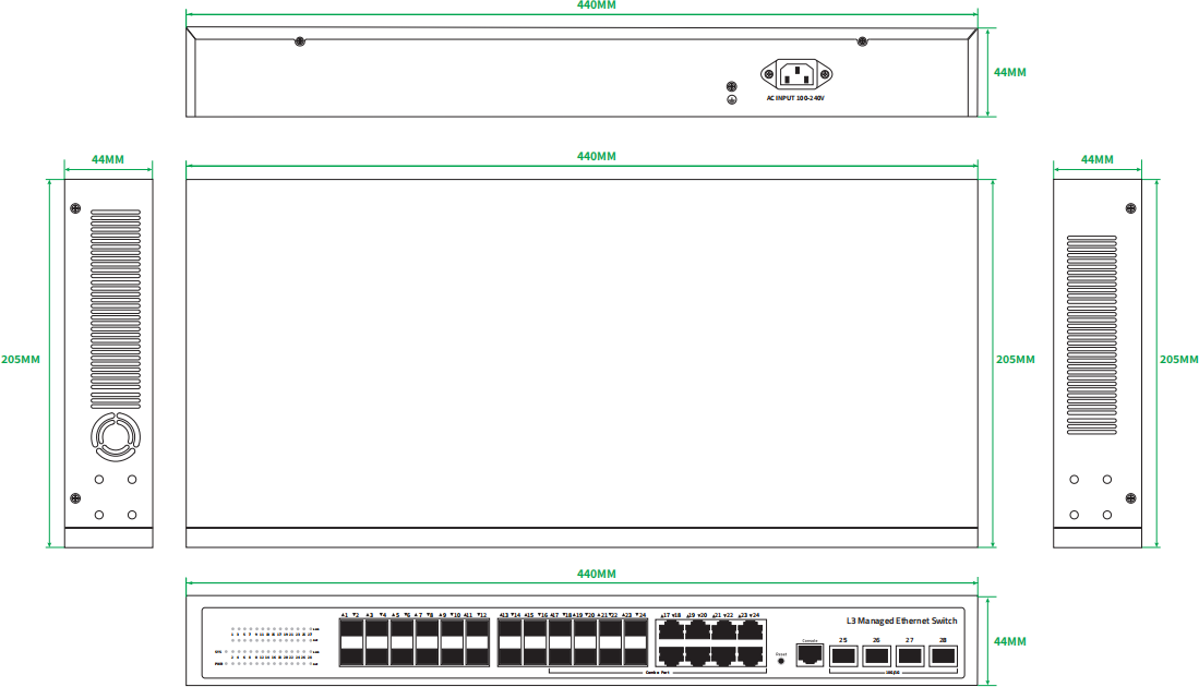 10G Uplink L3 Managed Fiber Switch 24 Port 1G SFP with SFP/RJ45 Combo Fanless CE