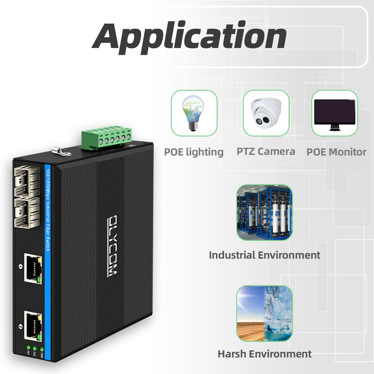 10/100/1000Mbps Industrial POE Fiber Switch（2F to 2UTP)