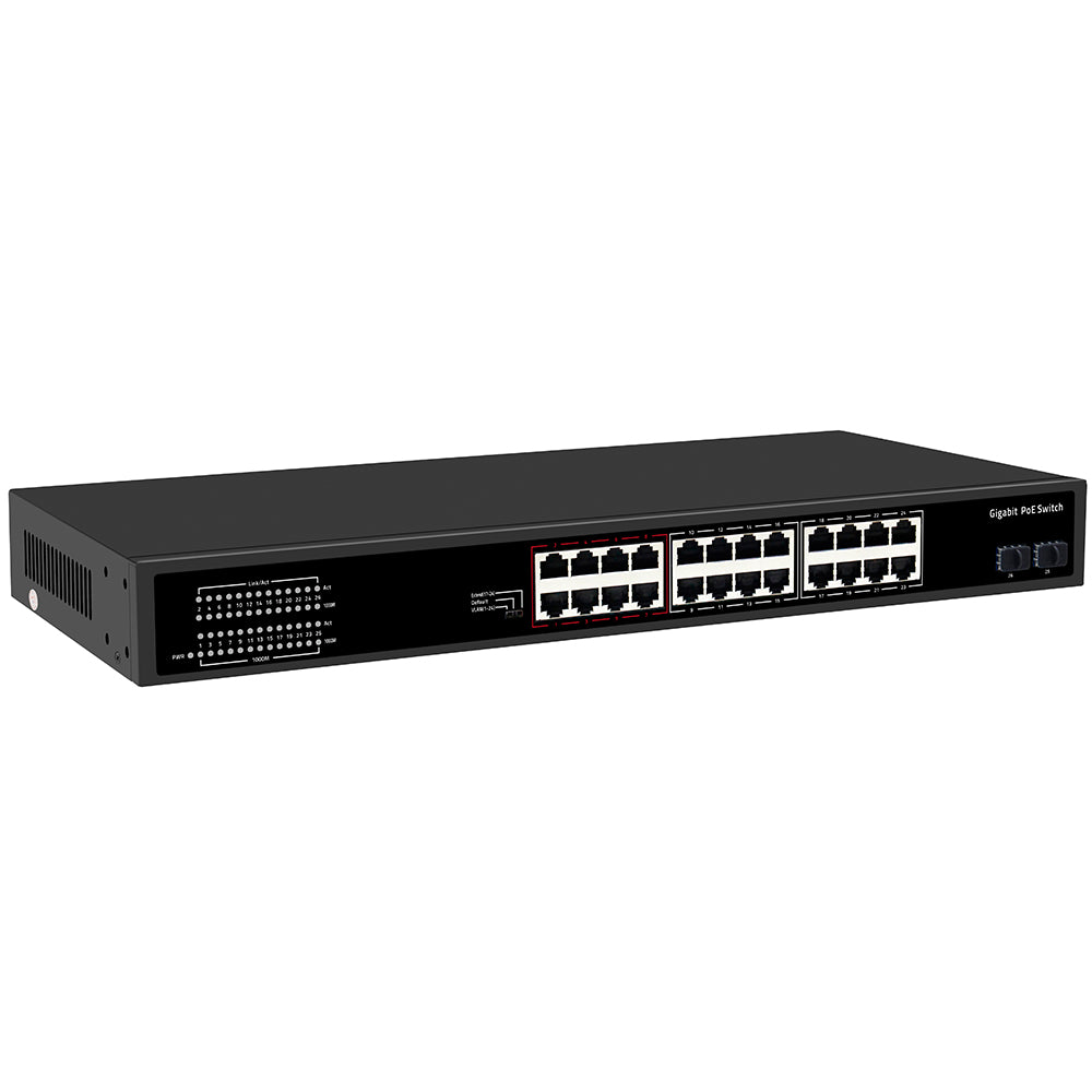 24 Port Gigabit PoE Switch SFP Fiber Uplink 300W PoE 15.4W/30W Rackmount Design