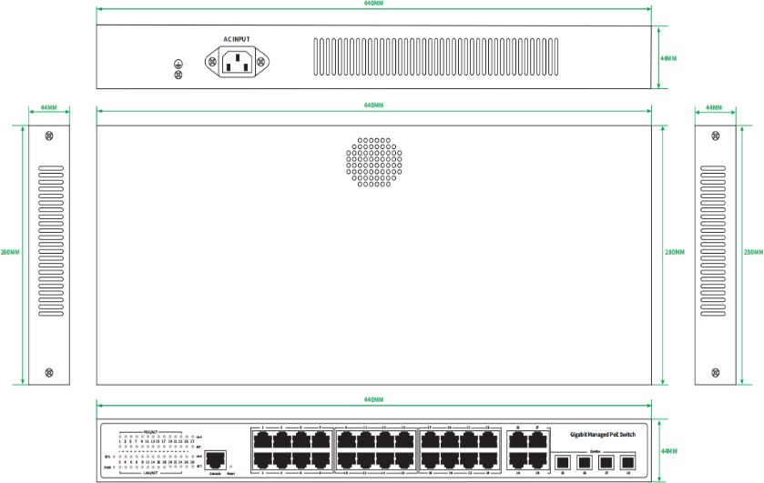 28-Port Gigabit PoE L2 L3 Managed Switch with 4 Combo SFP/RJ45 400W PoE Budget
