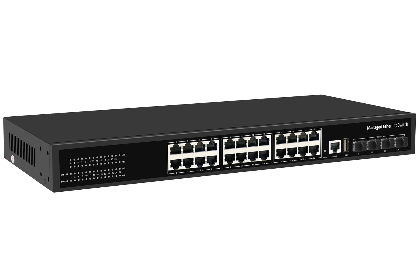 24-Port Gigabit Managed Ethernet Switch 10G SFP+ Uplink AC Powered CE Fanless