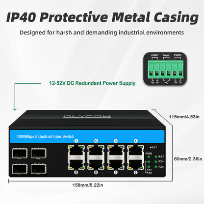 10/100/1000Mbps Industrial Fiber Switch ( 4 Fiber to 8 UTP )