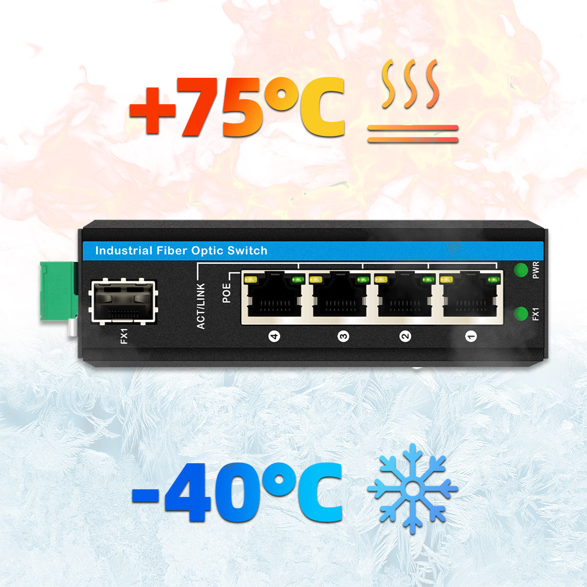 10/100/1000Mbps Industrial POE Fiber Switch （1 Fiber to 4 UTP ）