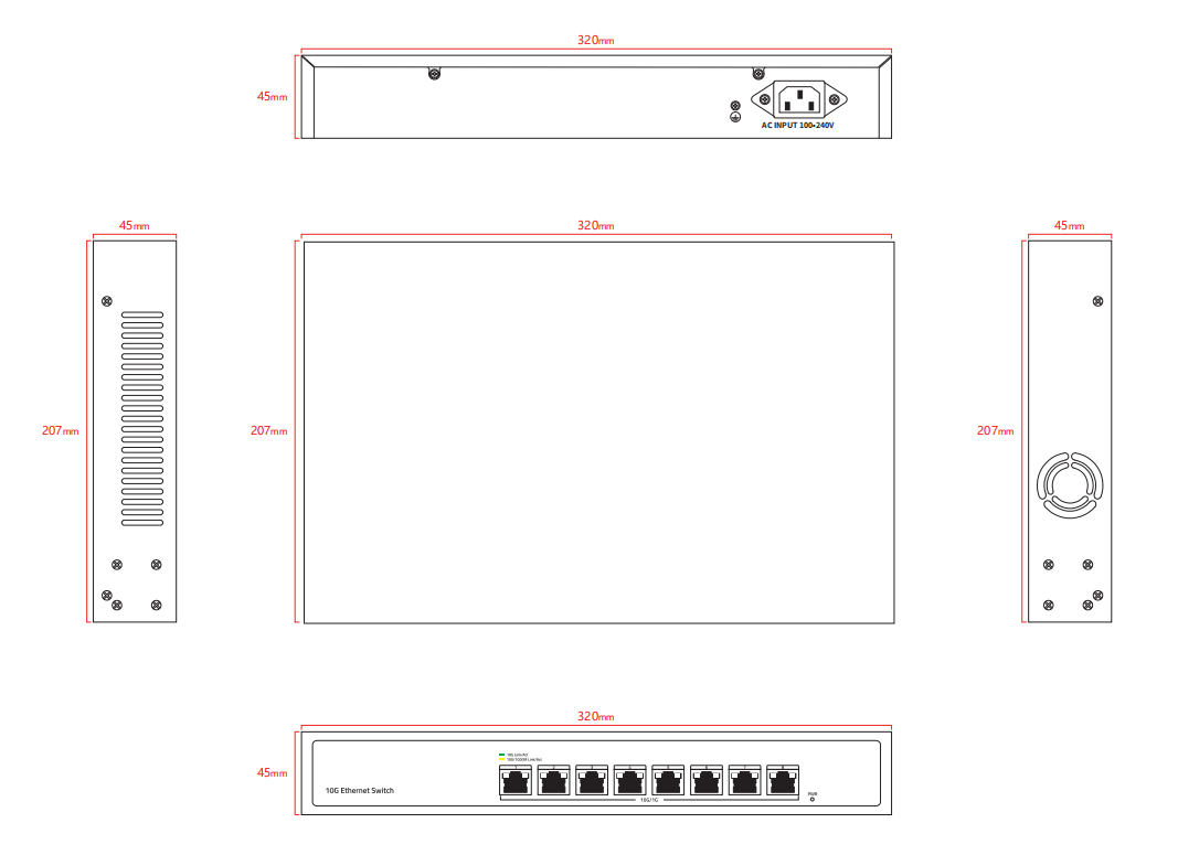 8 Port Full 10G Ethernet Switch Unmanaged 1G/2.5G/5G Auto-sensing Fanless CE AC Input