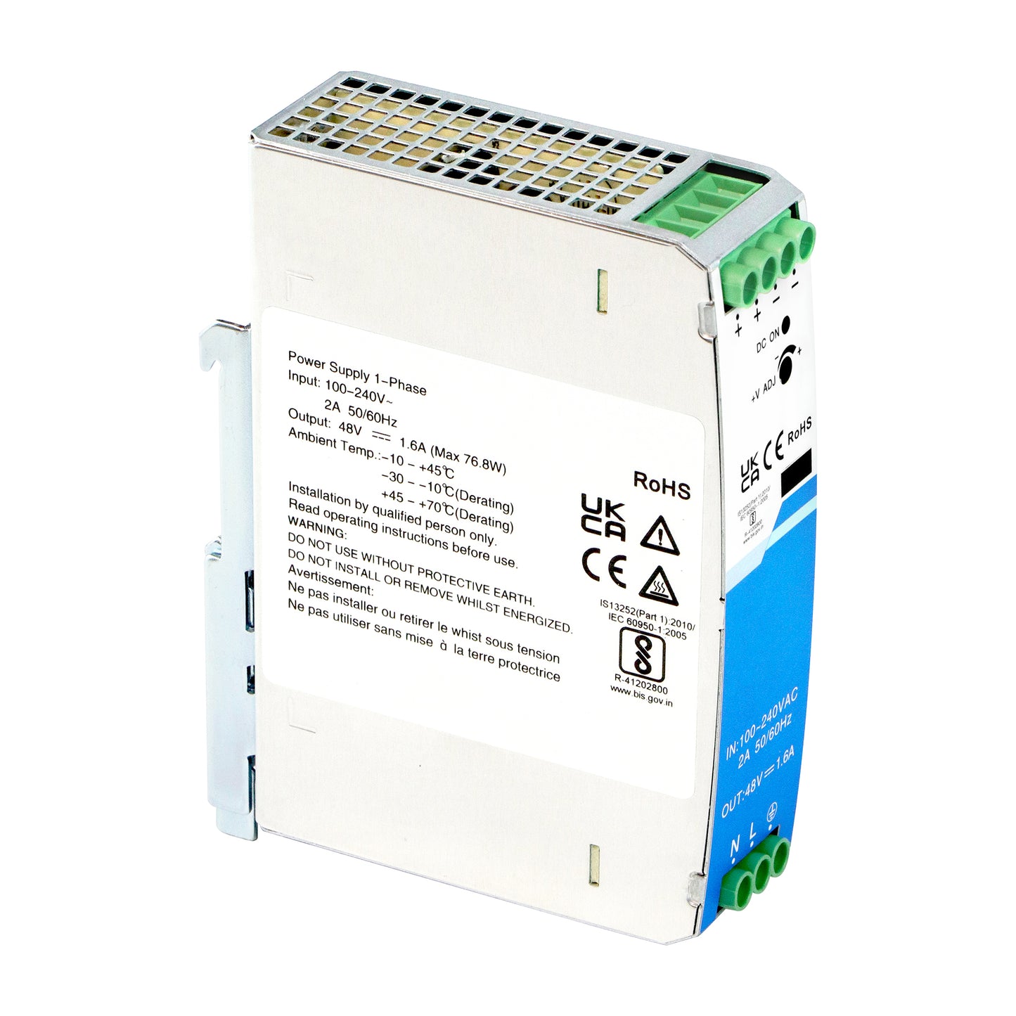 48V DIN Power Adapter 75W PSU 1.6A AC/DC Input Industrial Level -30~70°C CE UL