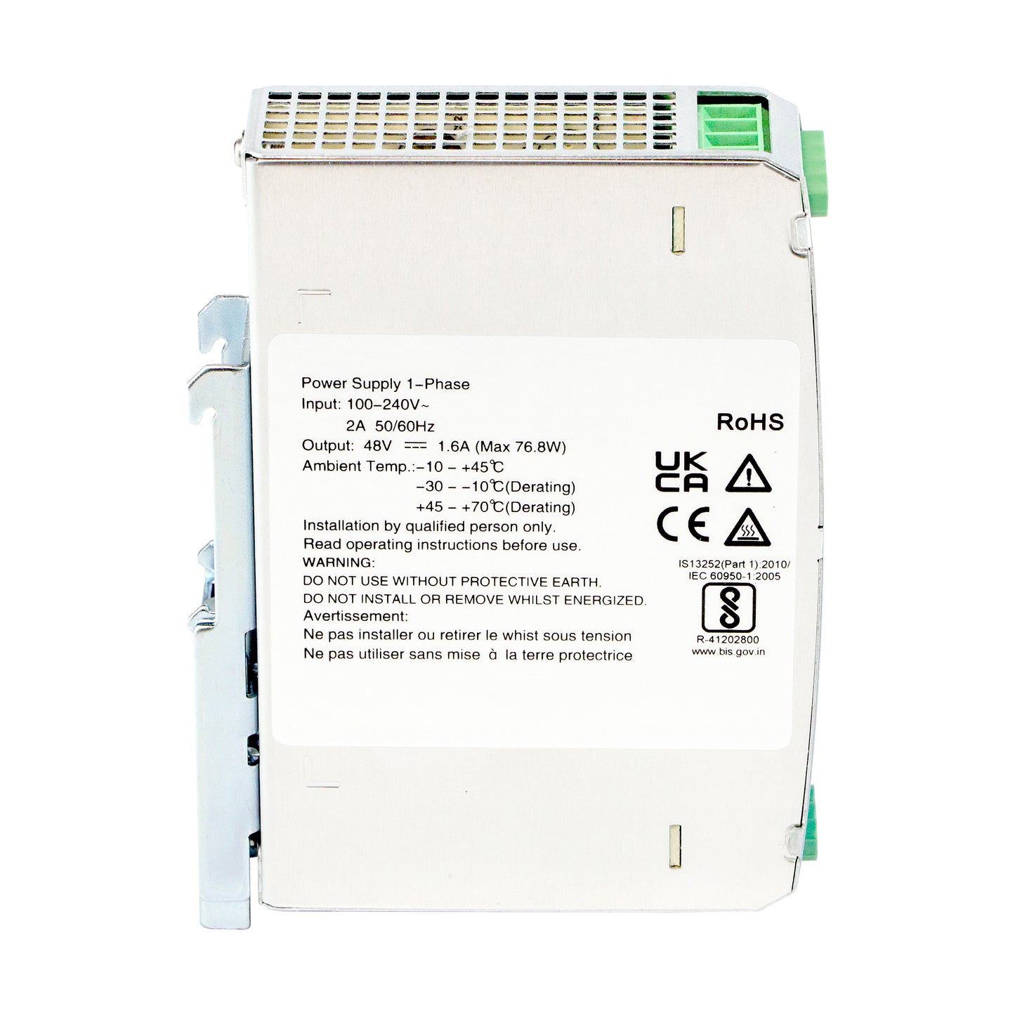 48V DIN Power Adapter 75W PSU 1.6A AC/DC Input Industrial Level -30~70°C CE UL