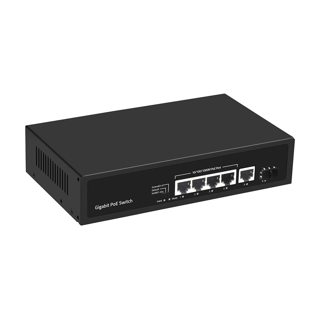 6-Port Full Gigabit PoE Fiber Switch 60W Budget 15.4W 30W Standard Unmanaged