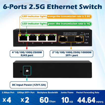 6 Port 2.5G Network Switch with 10G  Fiber Uplinks Unmanaged 100M/1G auto-sensing Ethernet Speed